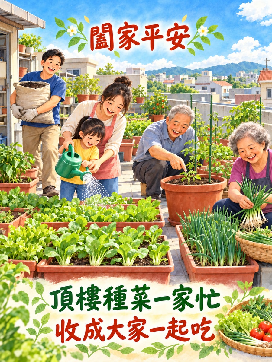 頂樓菜園全家忙。圖中文字：闔家平安，頂樓種菜一家忙，收成大家一起吃