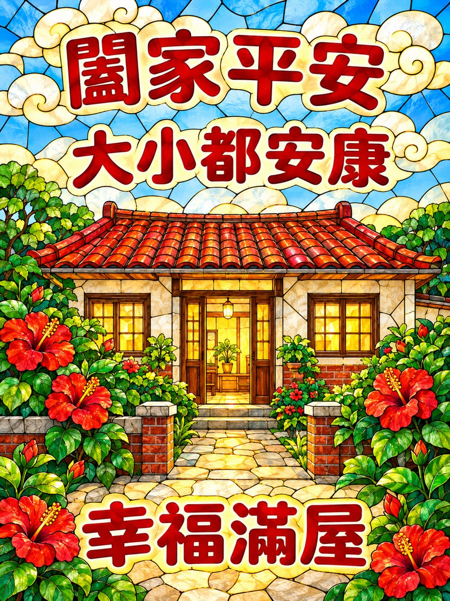 彩繪玻璃暖光小屋。圖中文字：闔家平安，大小都安康，幸福滿屋