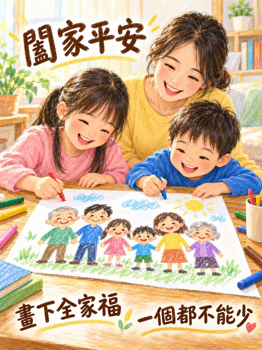 姊弟畫全家福。圖中文字：闔家平安，畫下全家福，一個都不能少