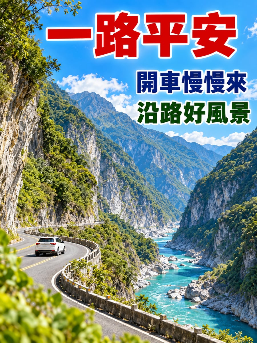 峽谷公路慢慢開。圖中文字：一路平安，開車慢慢來，沿路好風景