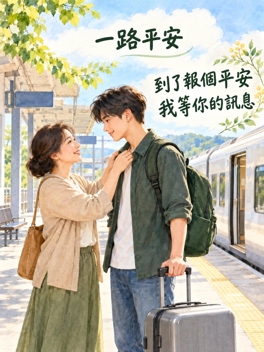 月台送兒子出發。圖中文字：一路平安，到了報個平安，我等你的訊息