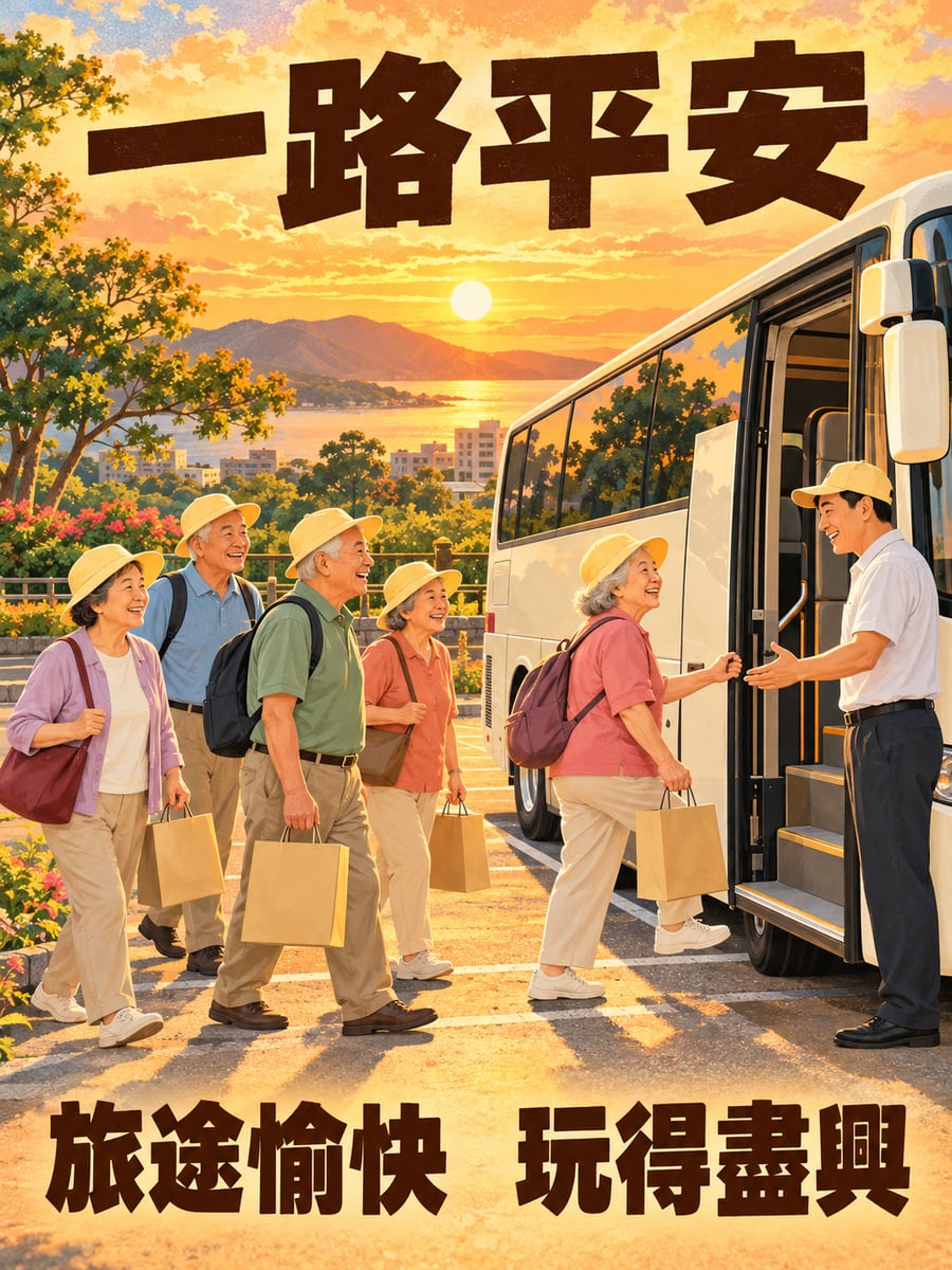 長輩出遊上遊覽車。圖中文字：一路平安，旅途愉快，玩得盡興