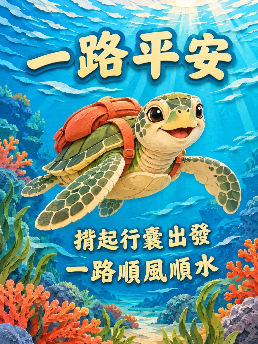 海龜揹包去旅行。圖中文字：一路平安，揹起行囊出發，一路順風順水