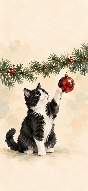 Tuxedo Cat and a Red Ornament, phone wallpaper with no text