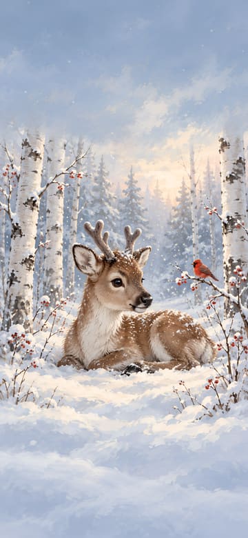 Young Reindeer in Snowy Birches, phone wallpaper with no text