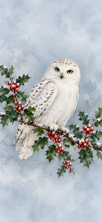 Snowy Owl on a Holly Branch, phone wallpaper with no text
