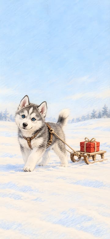 Husky Puppy Pulling a Little Sled, phone wallpaper with no text