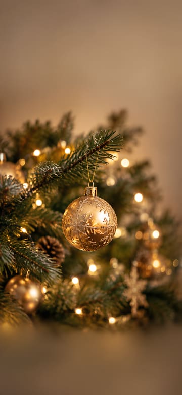 Gold Ornament and Tree Lights, phone wallpaper with no text