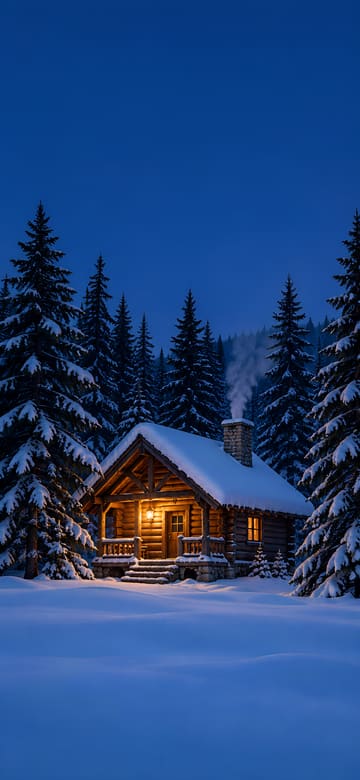 Snowy Cabin with a Porch Lantern, phone wallpaper with no text