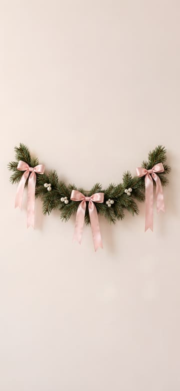 Pine Garland with Pink Bows, phone wallpaper with no text