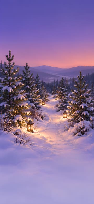 Lantern Path through Snowy Pines, phone wallpaper with no text