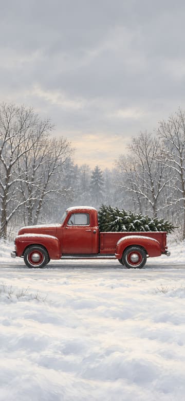 Red Truck Carrying a Christmas Tree, phone wallpaper with no text