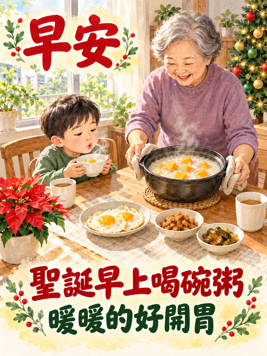 聖誕早上的地瓜粥。圖中文字：早安，聖誕早上喝碗粥，暖暖的好開胃
