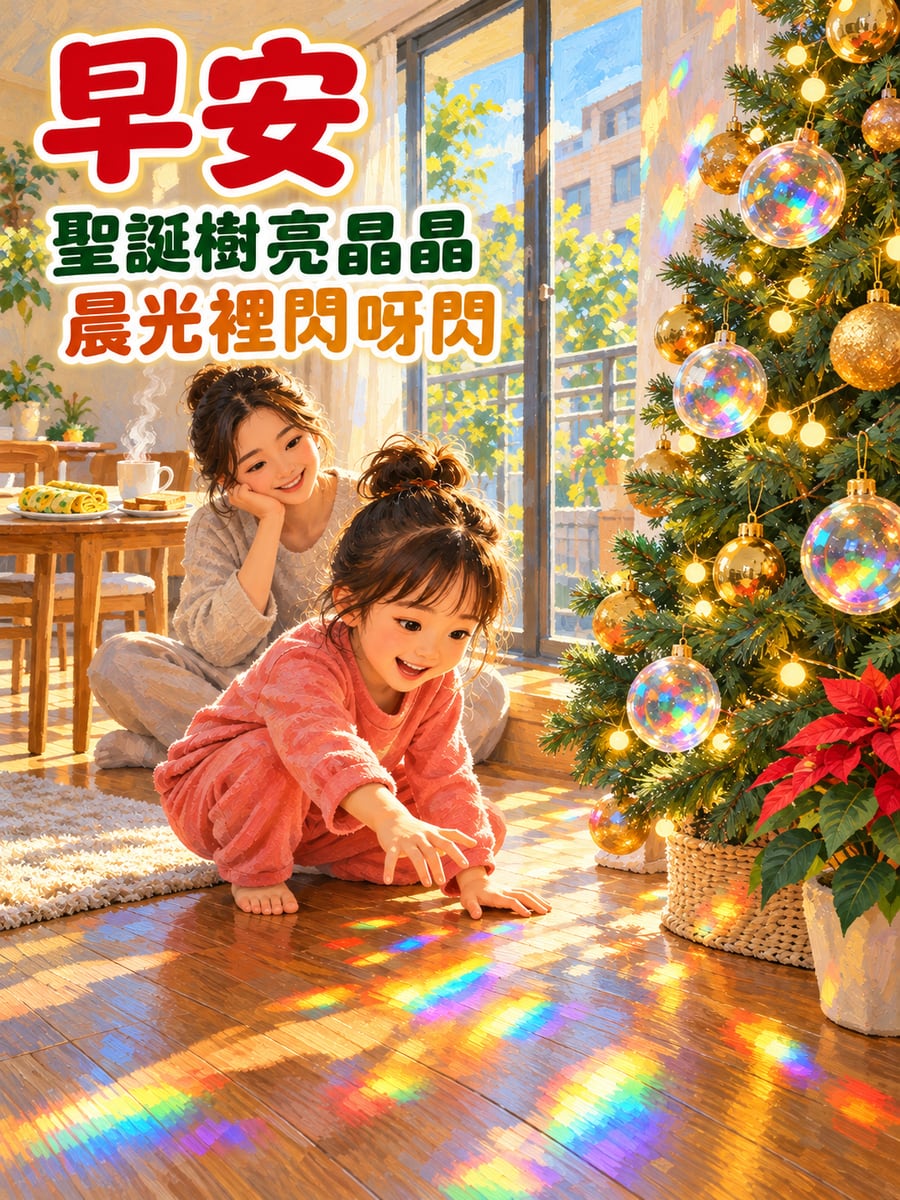 晨光裡閃閃的彩球。圖中文字：早安，聖誕樹亮晶晶，晨光裡閃呀閃