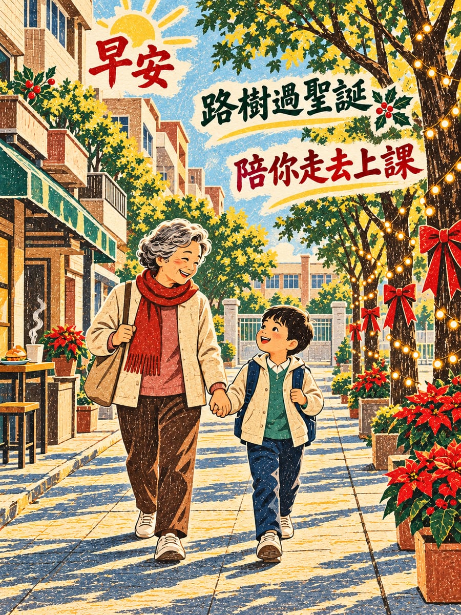 上學路上的燈串樹。圖中文字：早安，路樹過聖誕，陪你走去上課