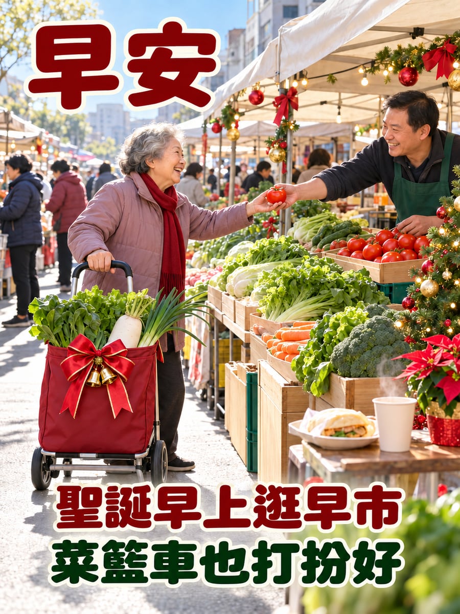 打扮過的菜籃車。圖中文字：早安，聖誕早上逛早市，菜籃車也打扮好