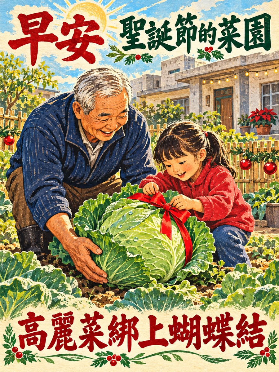 阿公菜園的聖誕早晨。圖中文字：早安，聖誕節的菜園，高麗菜綁上蝴蝶結