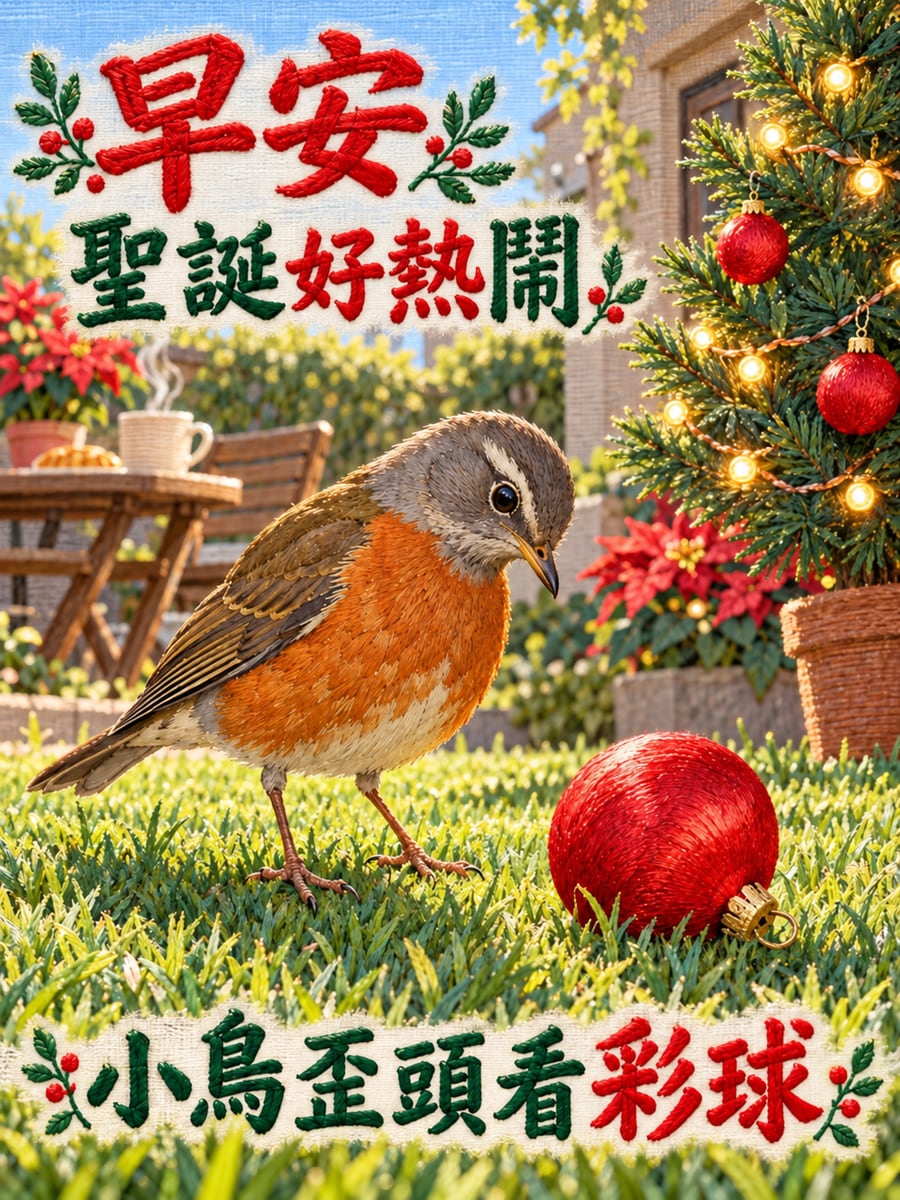 小鳥歪頭看聖誕彩球。圖中文字：早安，聖誕好熱鬧，小鳥歪頭看彩球