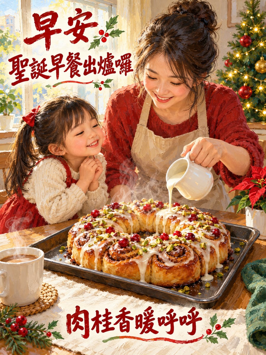 肉桂捲排成花環。圖中文字：早安，聖誕早餐出爐囉，肉桂香暖呼呼
