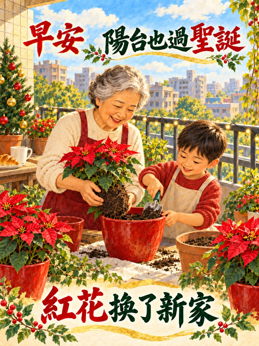 陽台的聖誕紅換新盆。圖中文字：早安，陽台也過聖誕，紅花換了新家