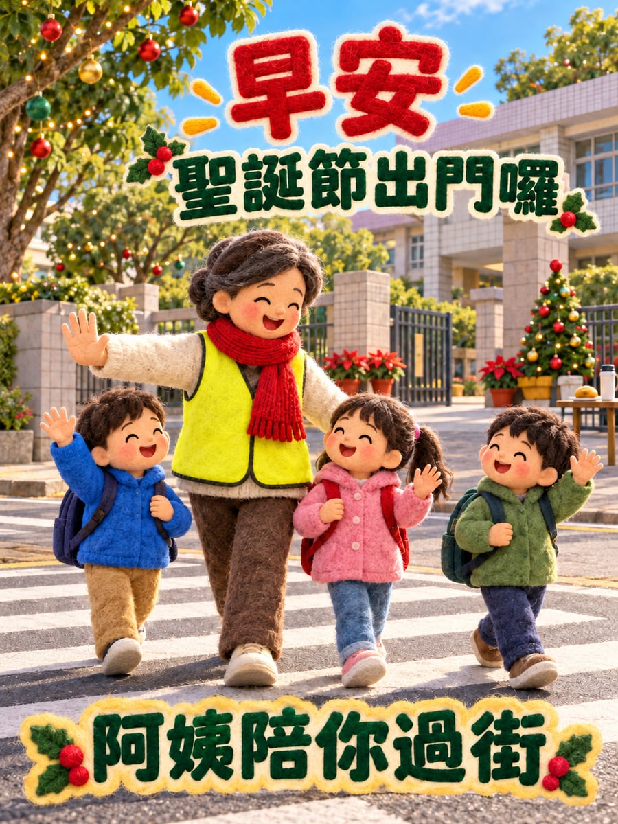 導護阿姨的紅圍巾。圖中文字：早安，聖誕節出門囉，阿姨陪你過街