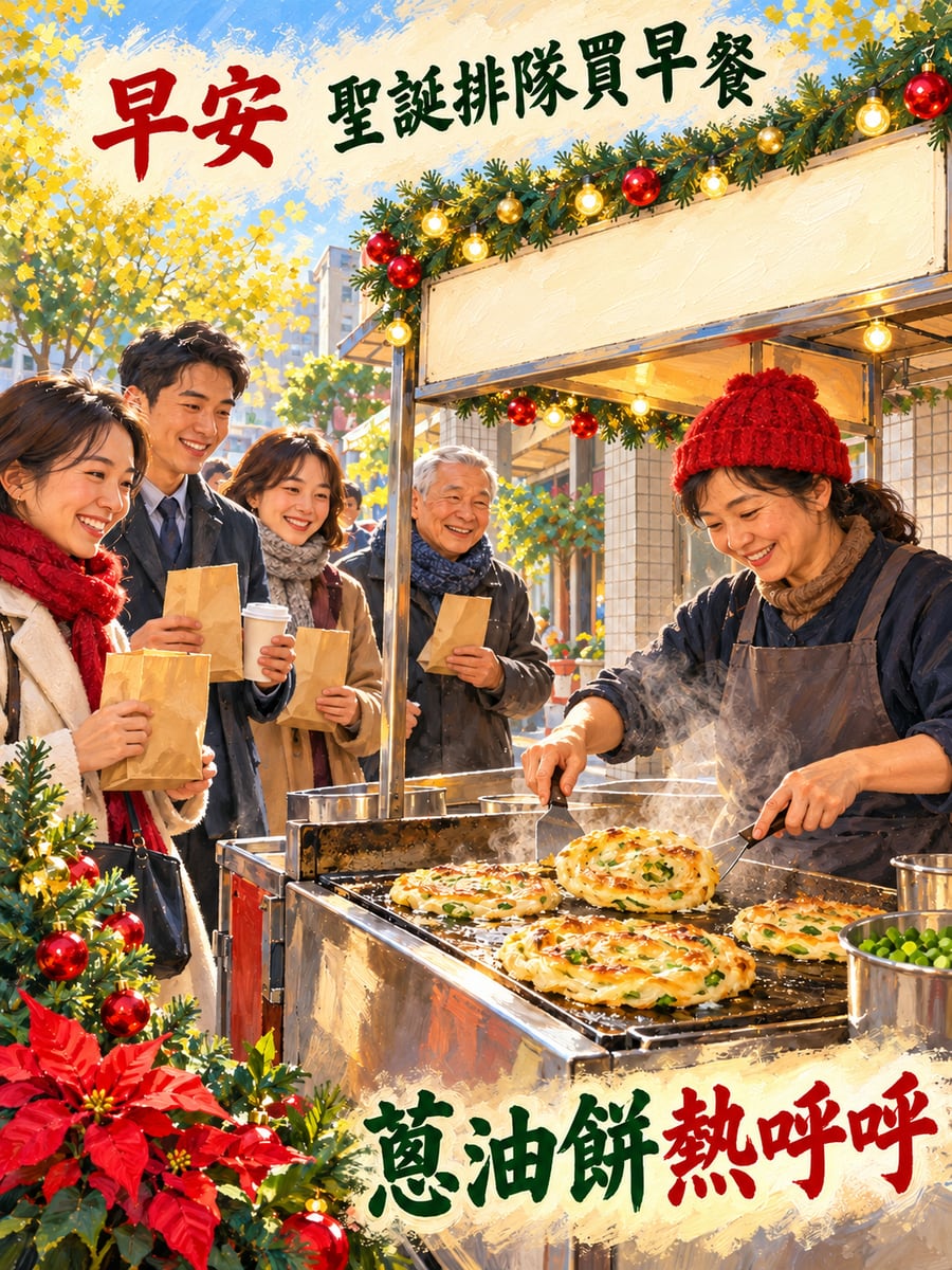 蔥油餅攤的聖誕早晨。圖中文字：早安，聖誕排隊買早餐，蔥油餅熱呼呼