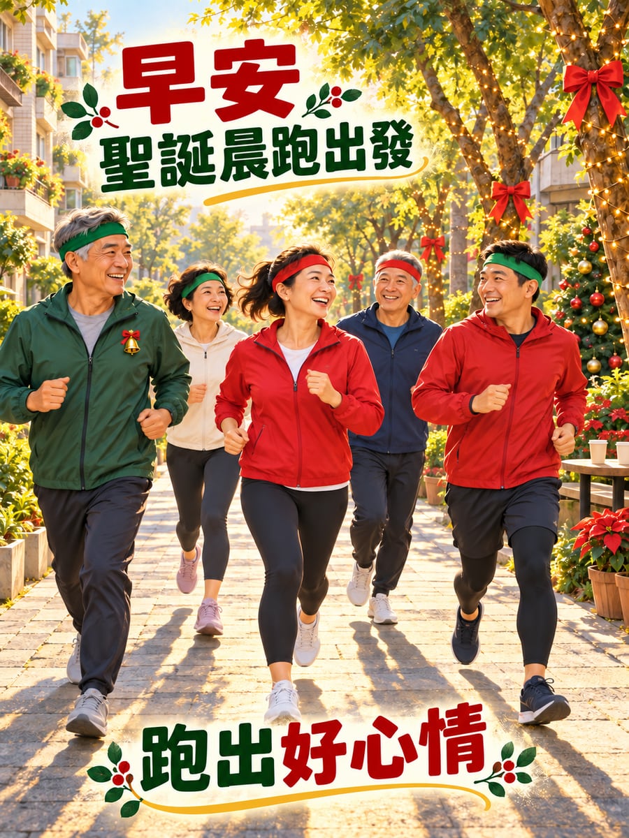 戴紅綠頭帶去晨跑。圖中文字：早安，聖誕晨跑出發，跑出好心情
