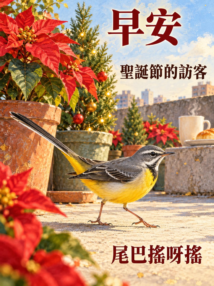 搖尾巴小鳥在頂樓散步。圖中文字：早安，聖誕節的訪客，尾巴搖呀搖
