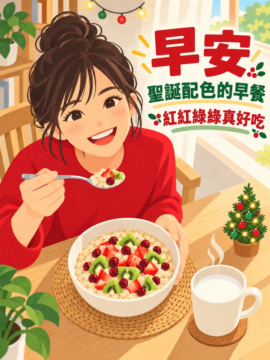 紅綠配色的燕麥粥。圖中文字：早安，聖誕配色的早餐，紅紅綠綠真好吃