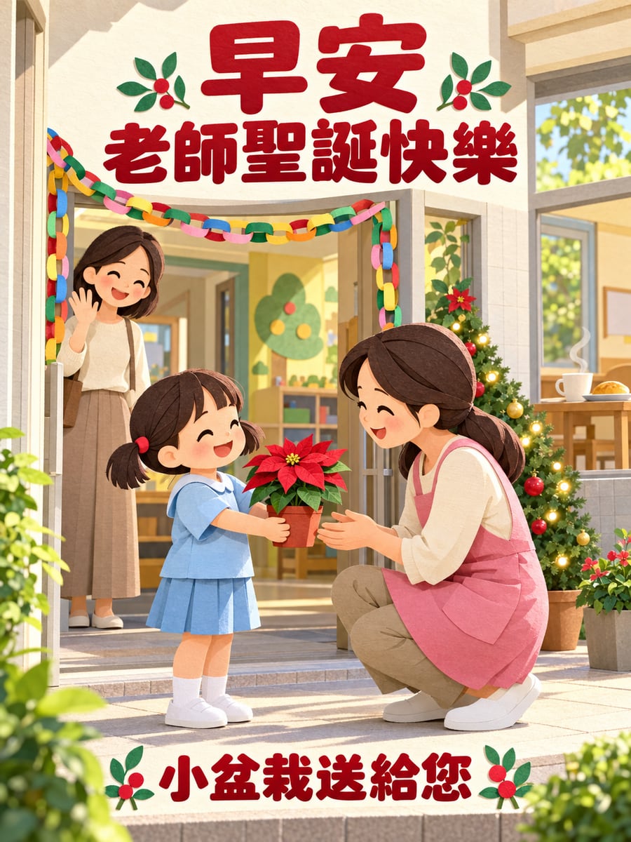送老師一小盆聖誕紅。圖中文字：早安，老師聖誕快樂，小盆栽送給您