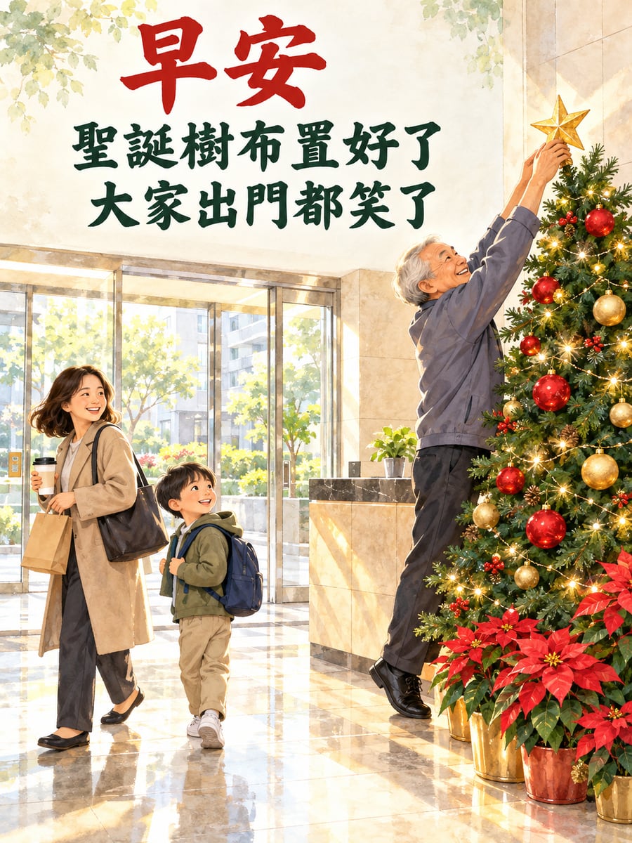 管理員伯伯布置大廳。圖中文字：早安，聖誕樹布置好了，大家出門都笑了