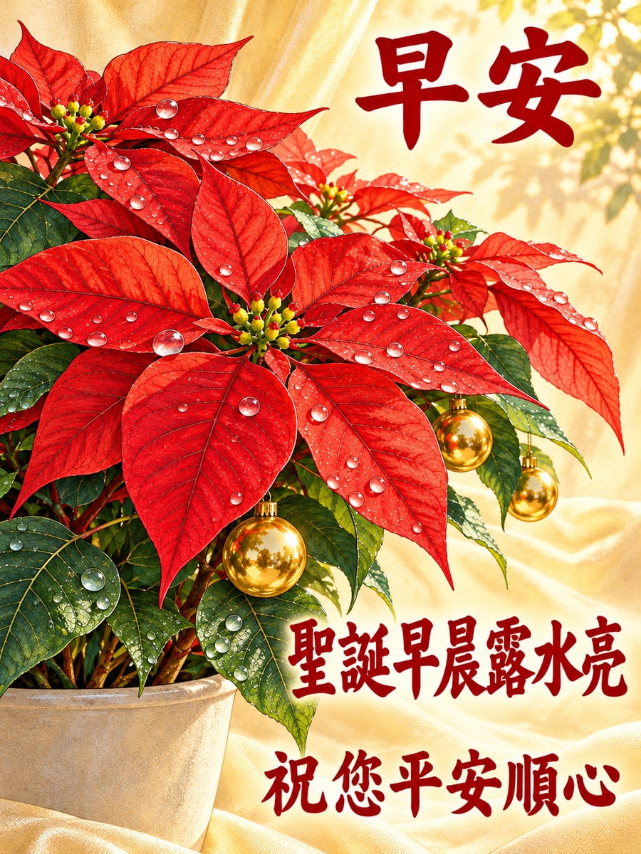 聖誕紅葉片上的露珠。圖中文字：早安，聖誕早晨露水亮，祝您平安順心