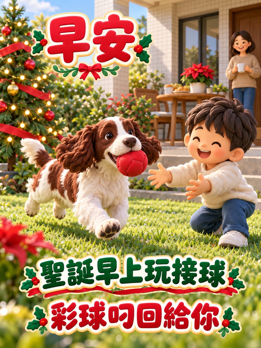 史賓格叼回紅彩球。圖中文字：早安，聖誕早上玩接球，彩球叼回給你