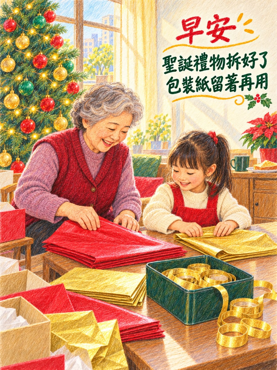 阿嬤收好包裝紙。圖中文字：早安，聖誕禮物拆好了，包裝紙留著再用
