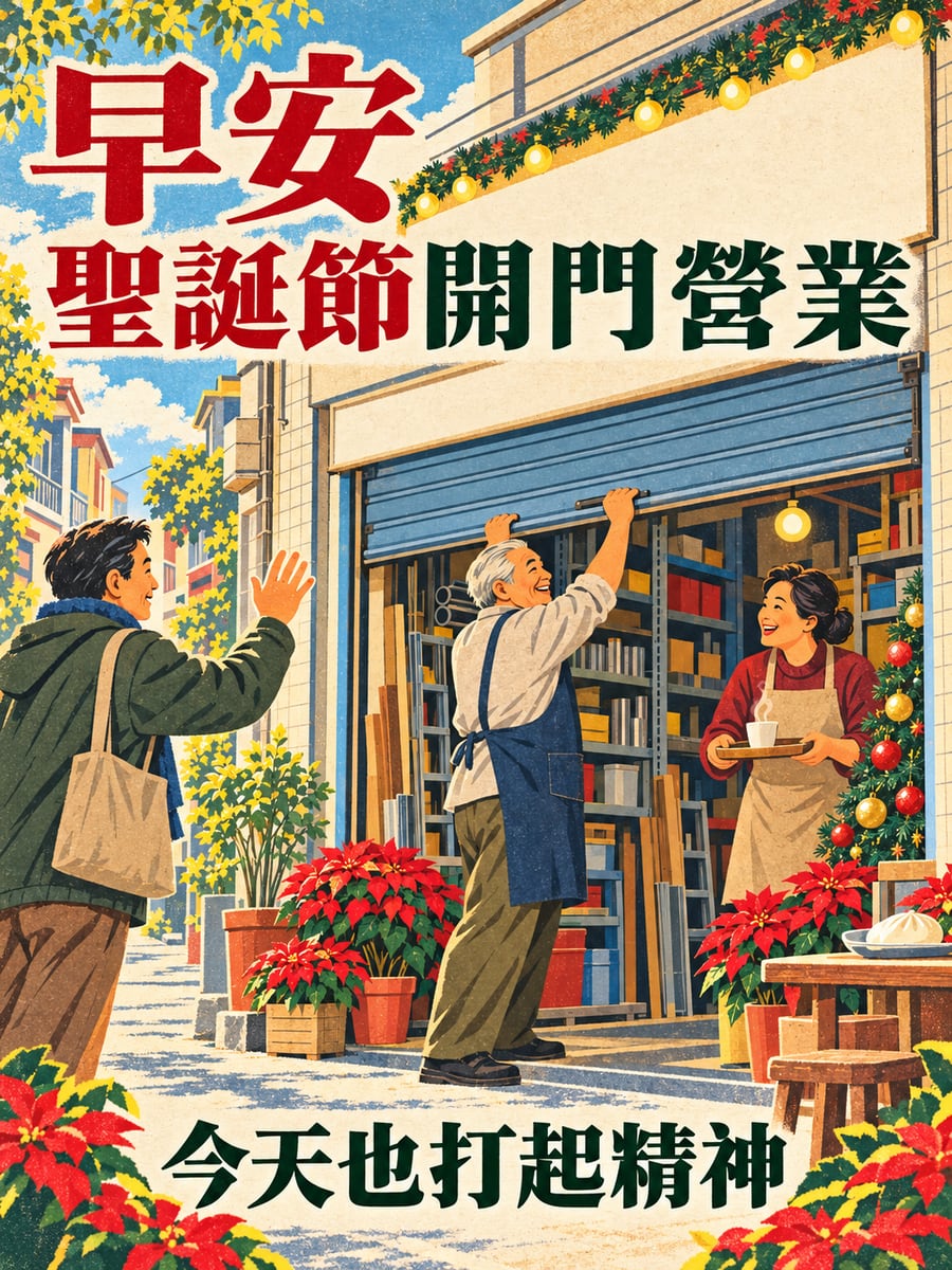 鐵門拉開就是聖誕。圖中文字：早安，聖誕節開門營業，今天也打起精神