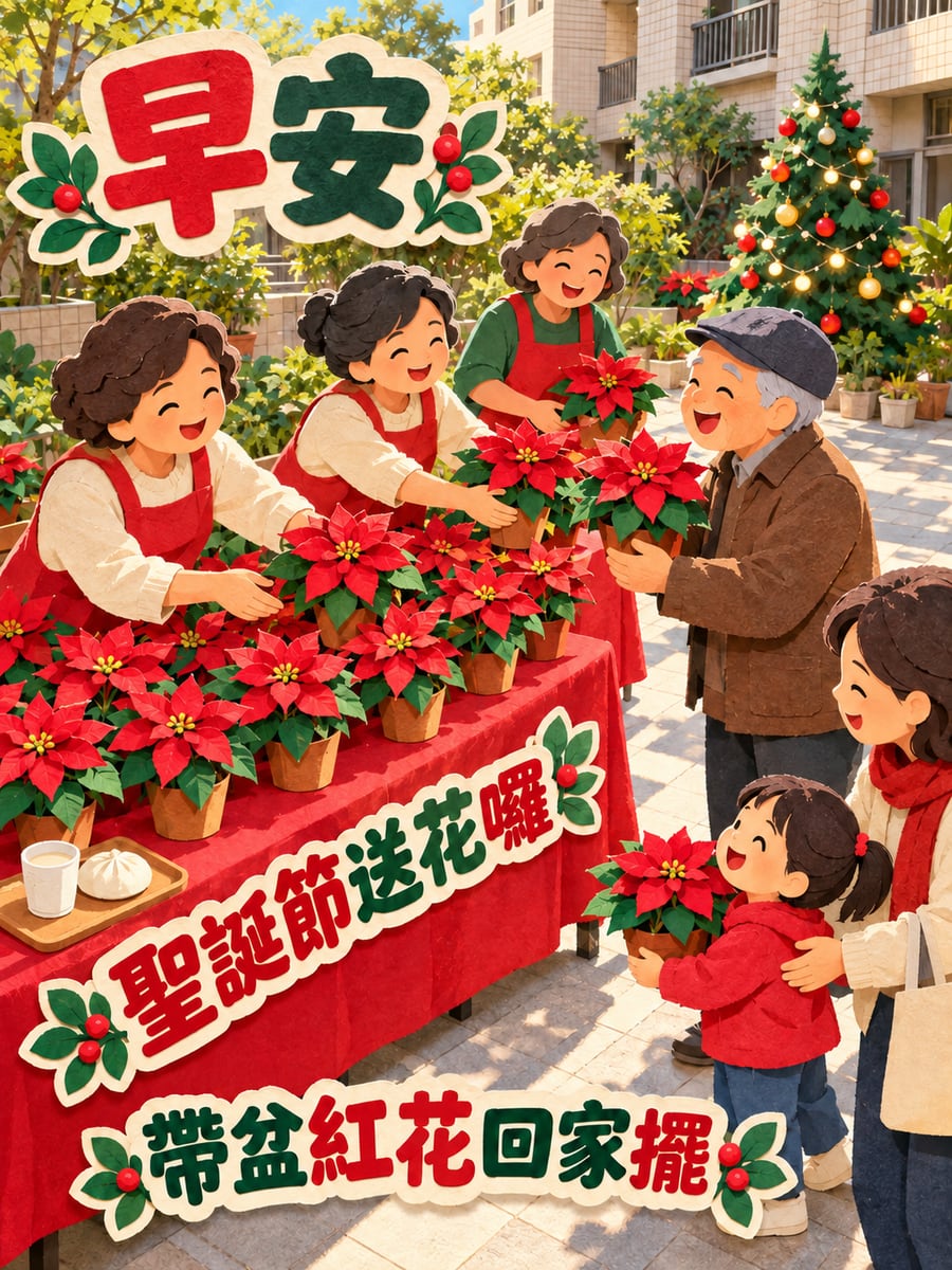 社區發送聖誕紅。圖中文字：早安，聖誕節送花囉，帶盆紅花回家擺