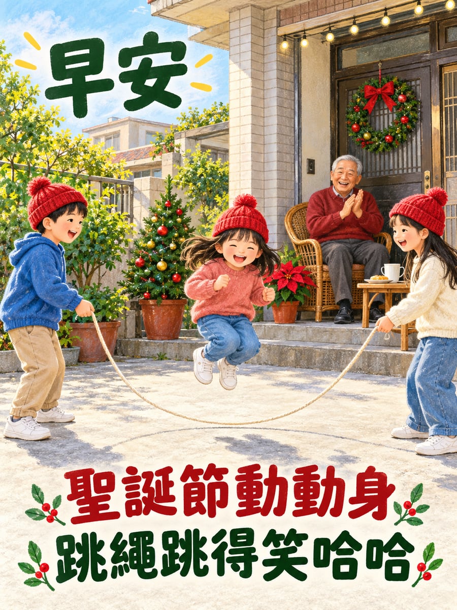 聖誕早上跳繩。圖中文字：早安，聖誕節動動身，跳繩跳得笑哈哈