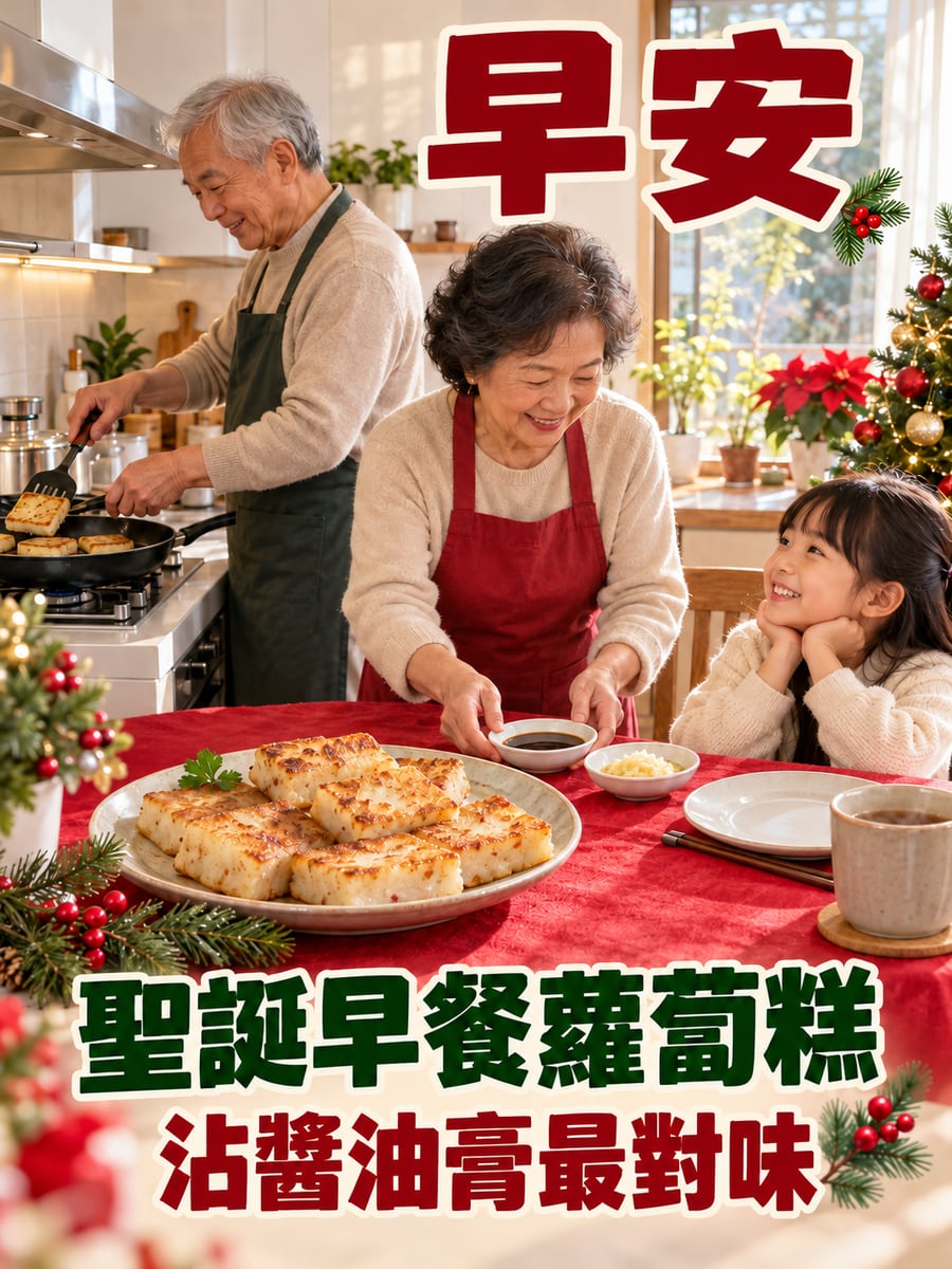 煎得金黃的蘿蔔糕。圖中文字：早安，聖誕早餐蘿蔔糕，沾醬油膏最對味