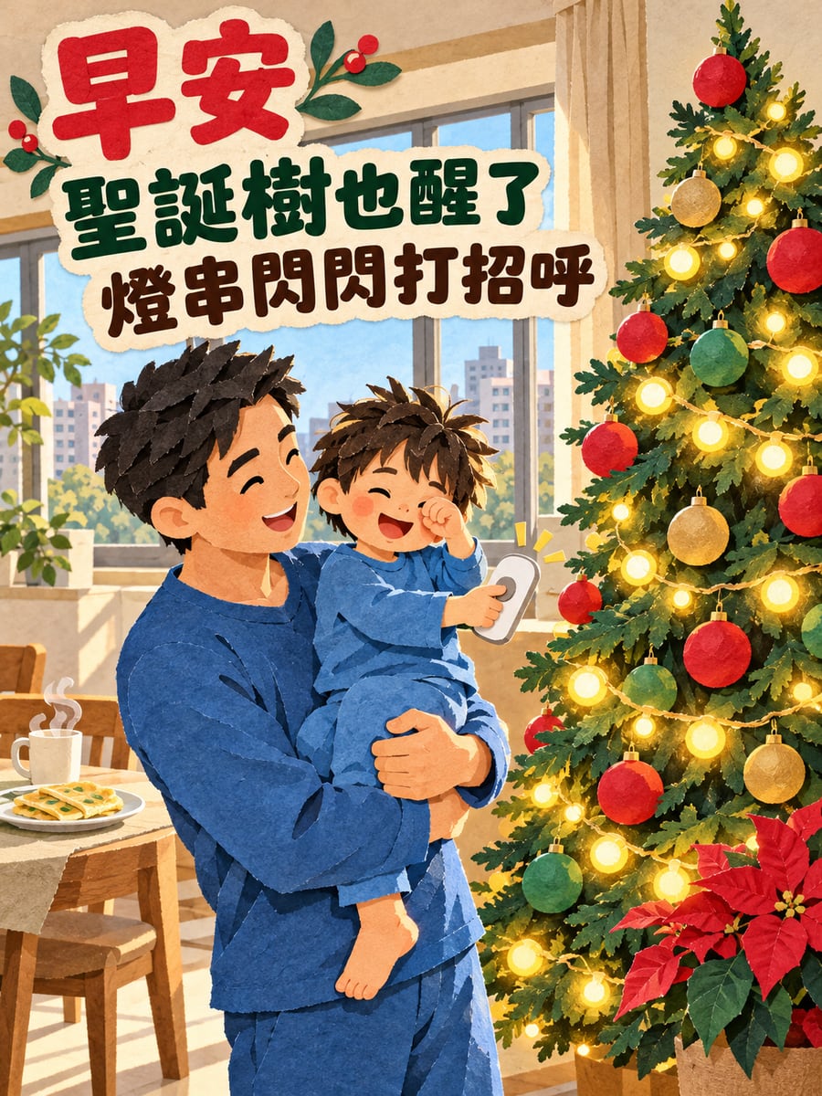 一早就打開燈串。圖中文字：早安，聖誕樹也醒了，燈串閃閃打招呼
