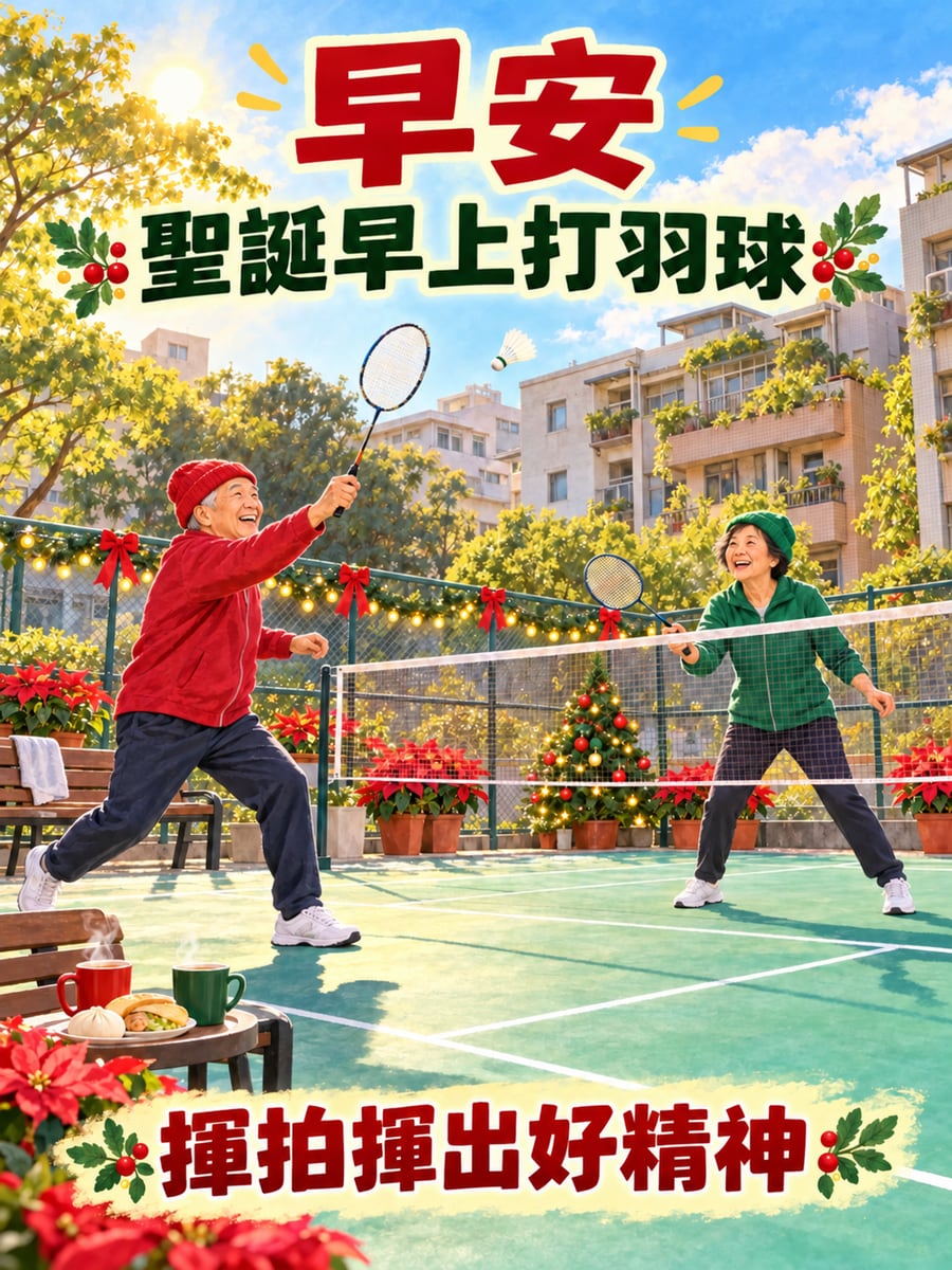 聖誕早上打羽球。圖中文字：早安，聖誕早上打羽球，揮拍揮出好精神