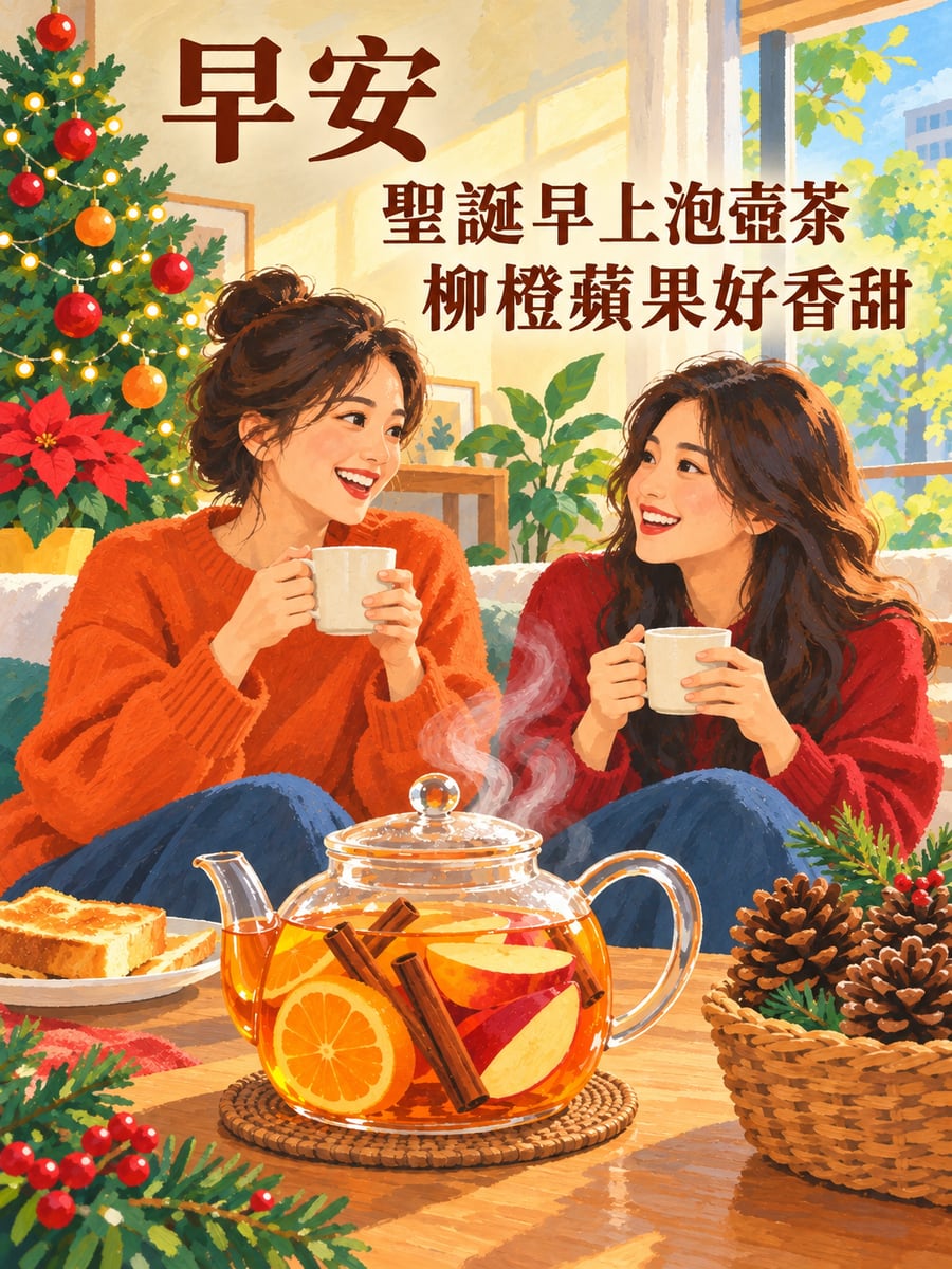 一壺熱水果茶。圖中文字：早安，聖誕早上泡壺茶，柳橙蘋果好香甜