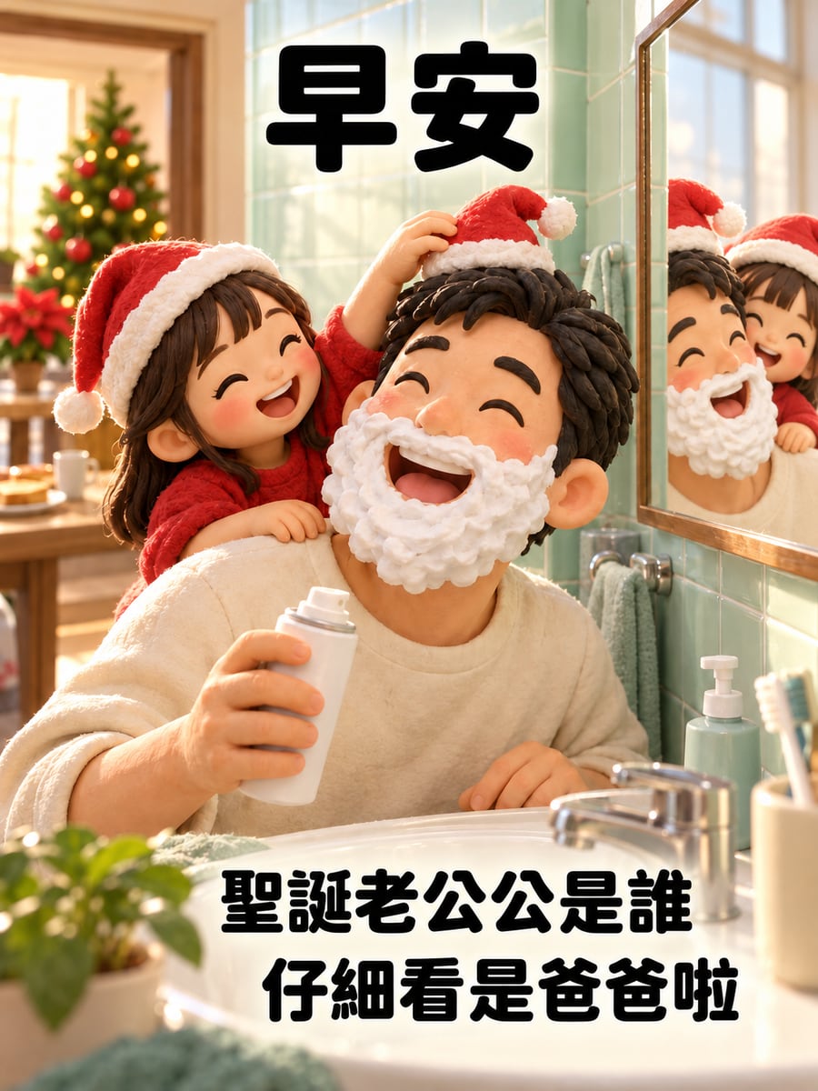 刮鬍泡變成白鬍子。圖中文字：早安，聖誕老公公是誰，仔細看是爸爸啦
