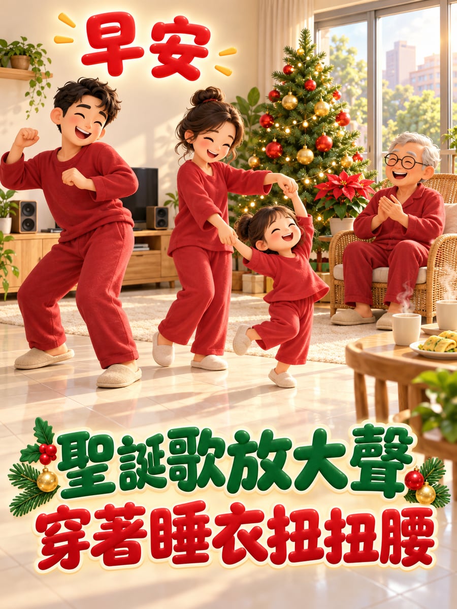 穿著睡衣跳聖誕舞。圖中文字：早安，聖誕歌放大聲，穿著睡衣扭扭腰