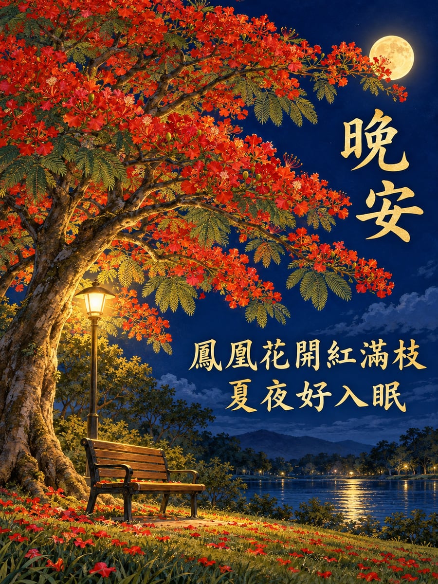 鳳凰木與月。圖中文字：晚安，鳳凰花開紅滿枝，夏夜好入眠