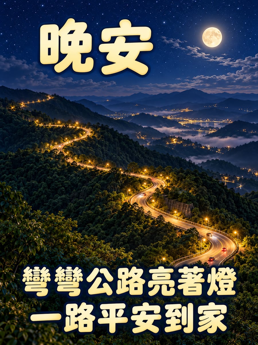 公路燈串。圖中文字：晚安，彎彎公路亮著燈，一路平安到家