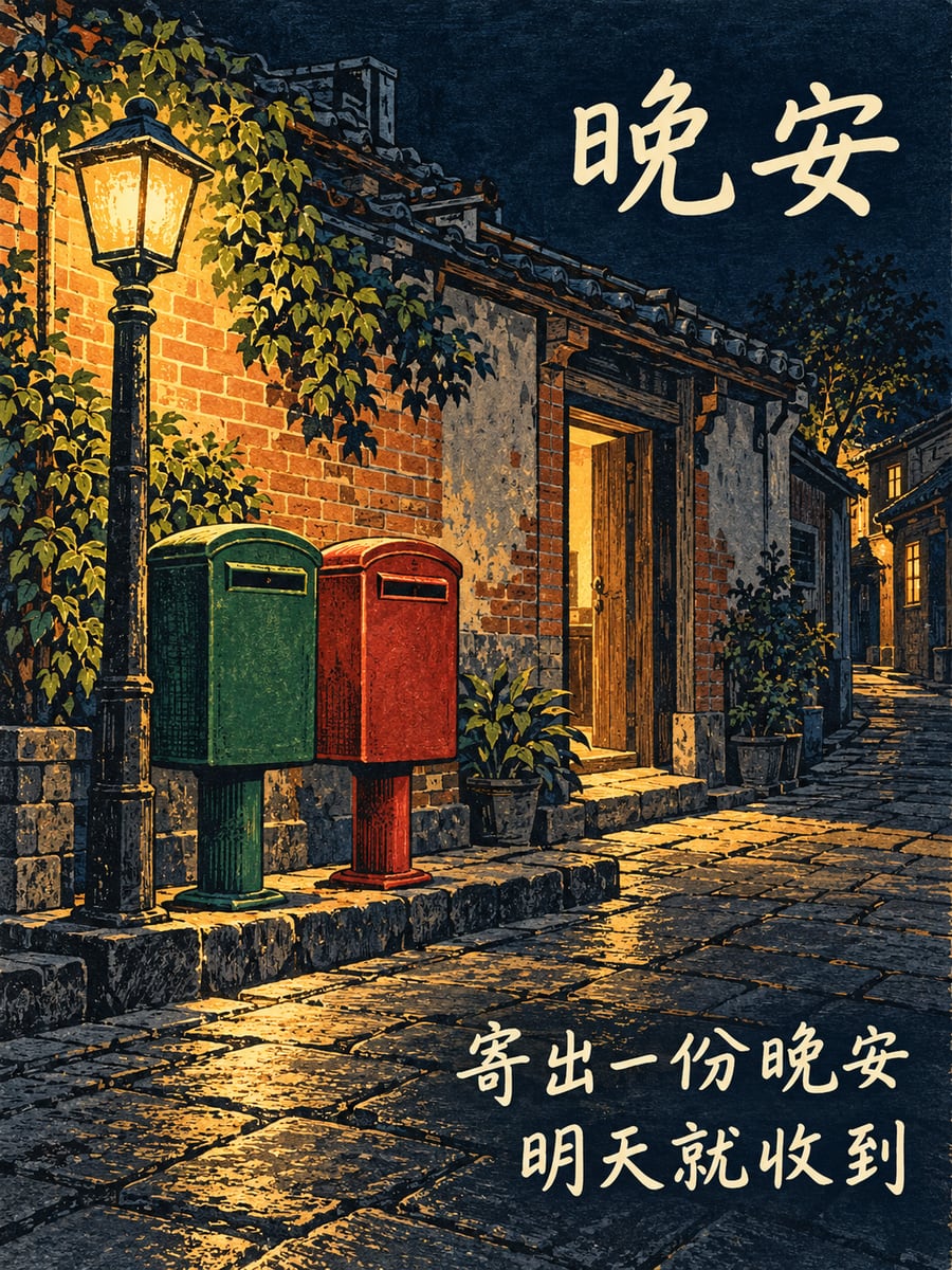 老街郵筒與路燈。圖中文字：晚安，寄出一份晚安，明天就收到