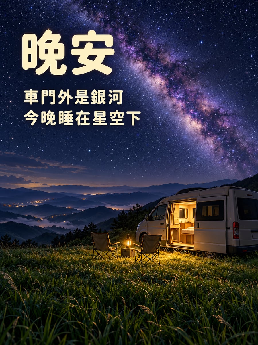 露營車與銀河。圖中文字：晚安，車門外是銀河，今晚睡在星空下