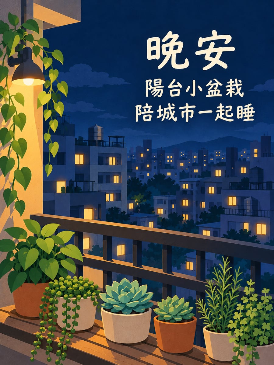 陽台盆栽與城市。圖中文字：晚安，陽台小盆栽，陪城市一起睡