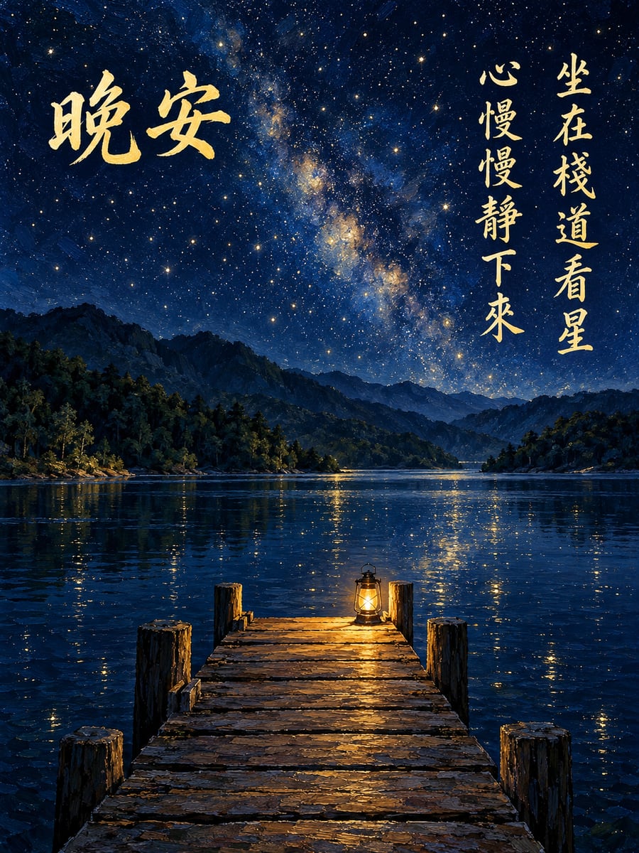 水畔木棧道星空。圖中文字：晚安，坐在棧道看星，心慢慢靜下來