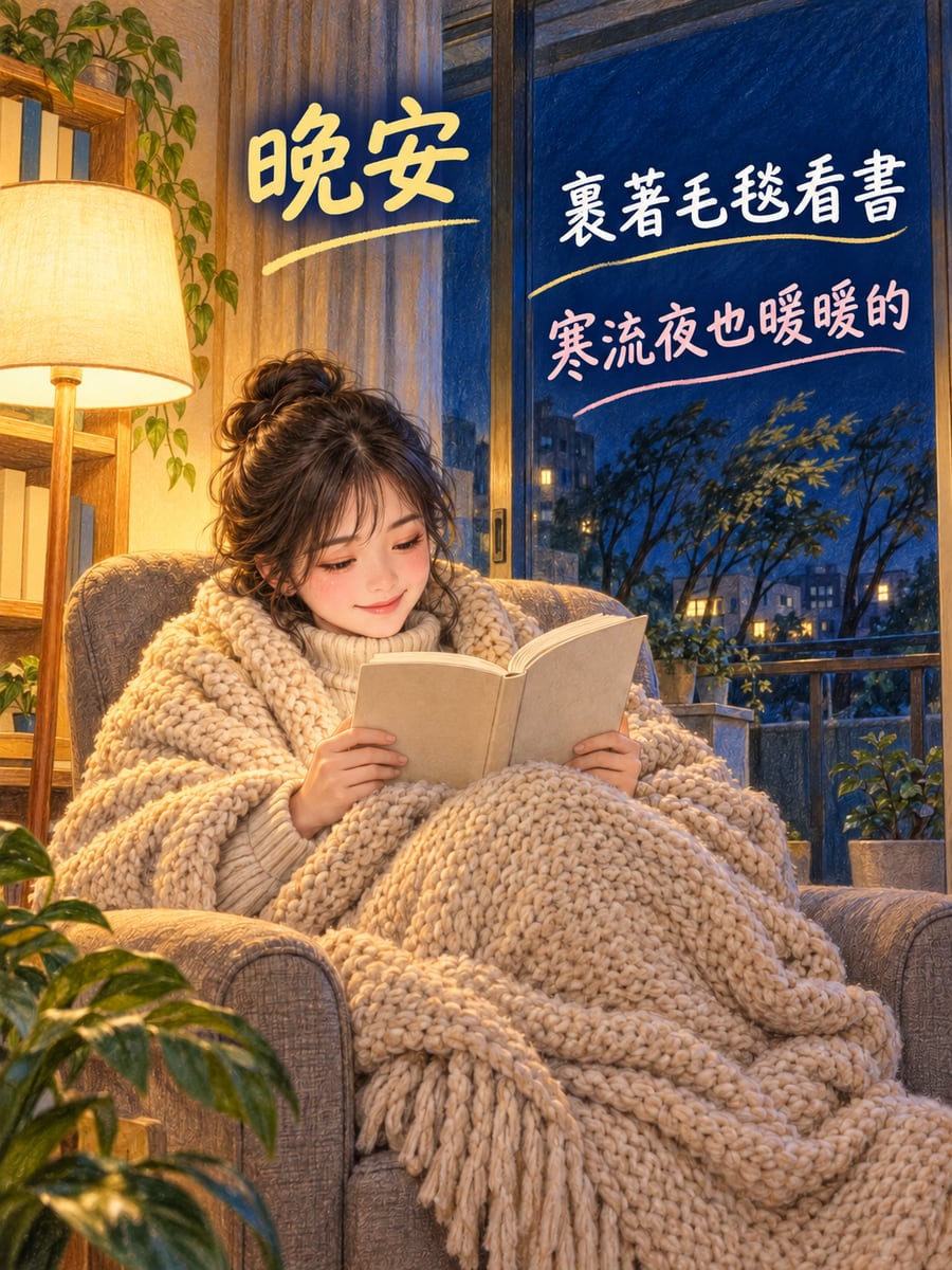 裹著毛毯讀小說。圖中文字：晚安，裹著毛毯看書，寒流夜也暖暖的